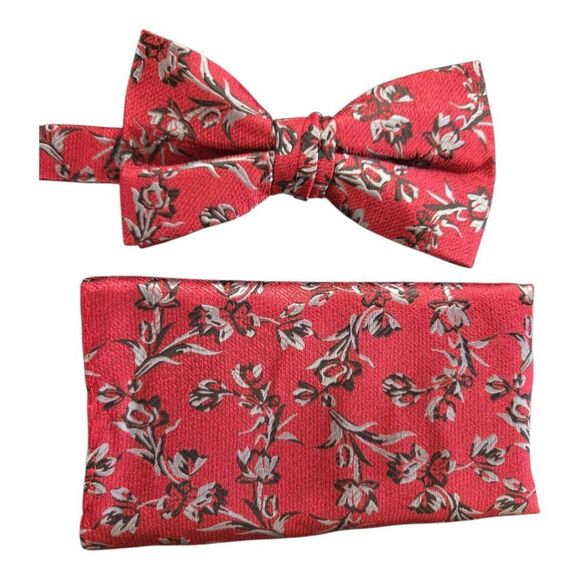 STACY ADAMS RED BLACK GREY FASHION BOXED BOW TIE & POCKET SQUARE SET. - Picture 2 of 5